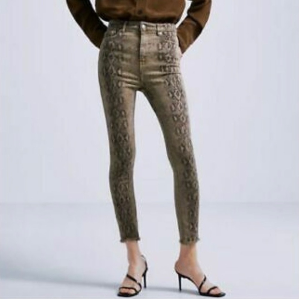Zara | Snake Python Print Denim Raw Hem High Rise… - image 1